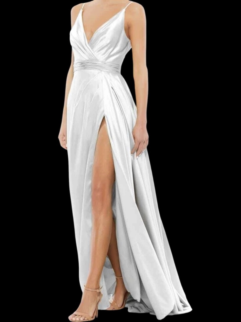 Mac Duggal High Slit Satin Wrap Front White Formal Gown Bridal Wedding NWOT